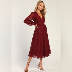 Burgundy Floral Jacquard Wrap Midi Dress